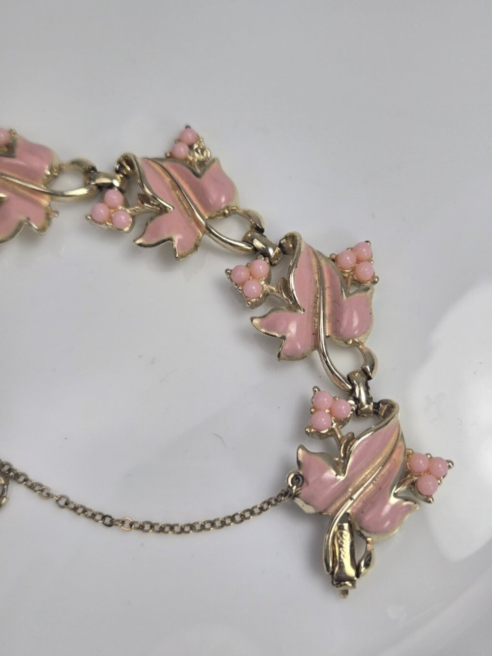 Vintage Coro Pink Thermoset Bracelet Leaf Floral Link MCM 1950s 60s - Picture 5 of 12